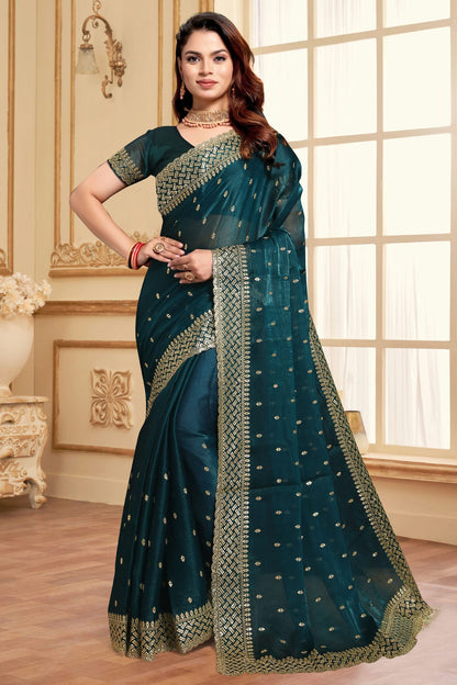Teal Colour Burberry Silk Designer Saree