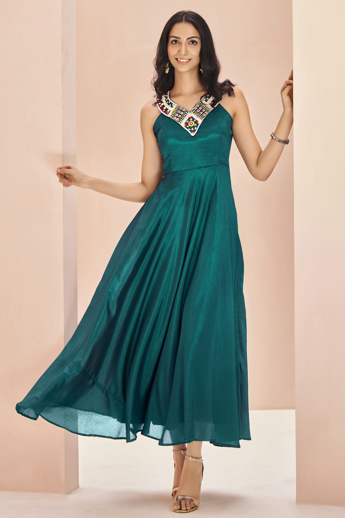 Teal Colour Chinon Indo Western Dress VSTP1080925