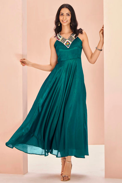 Teal Colour Chinon Indo Western Dress VSTP1080925