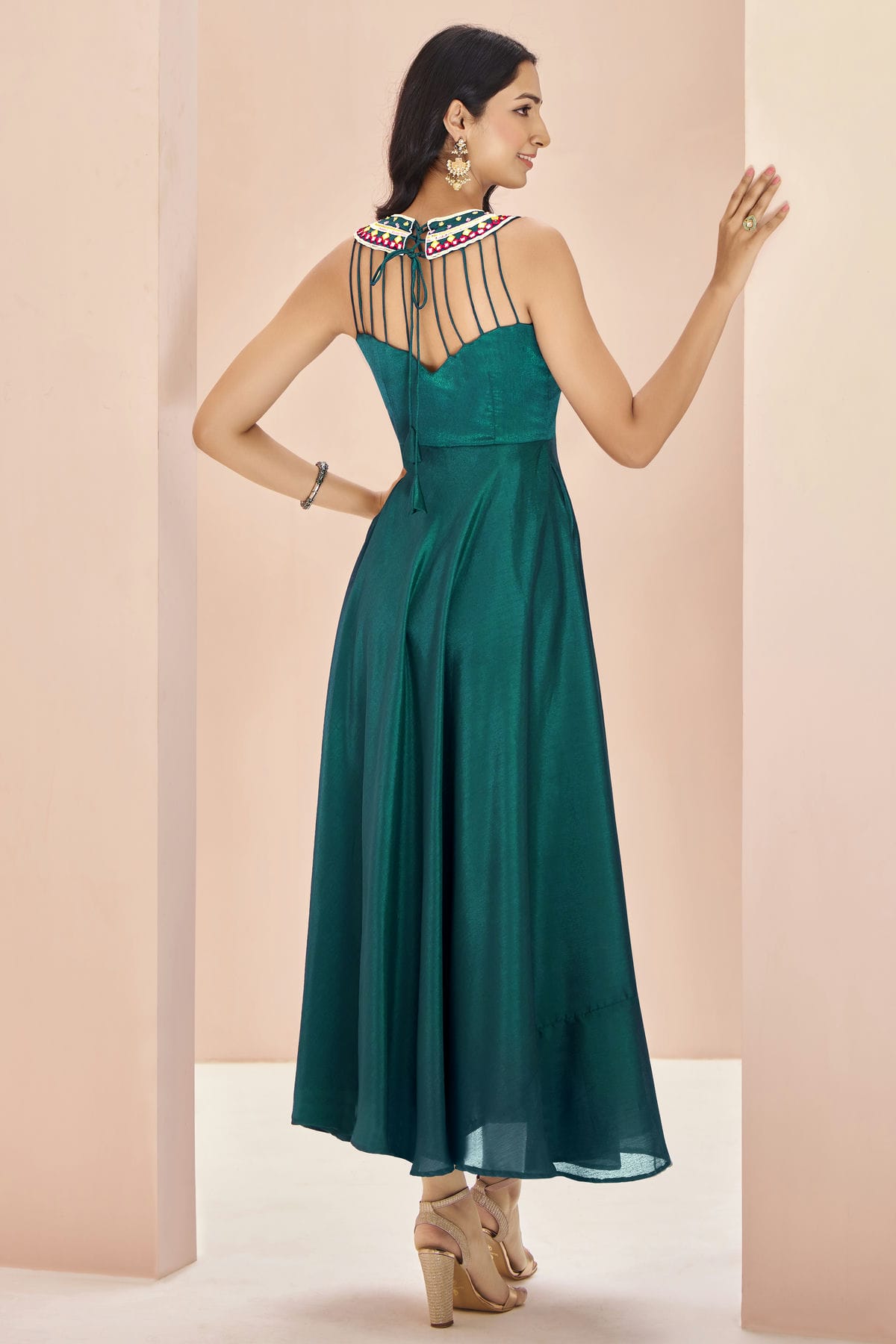 Teal Colour Chinon Indo Western Dress VSTP1080925