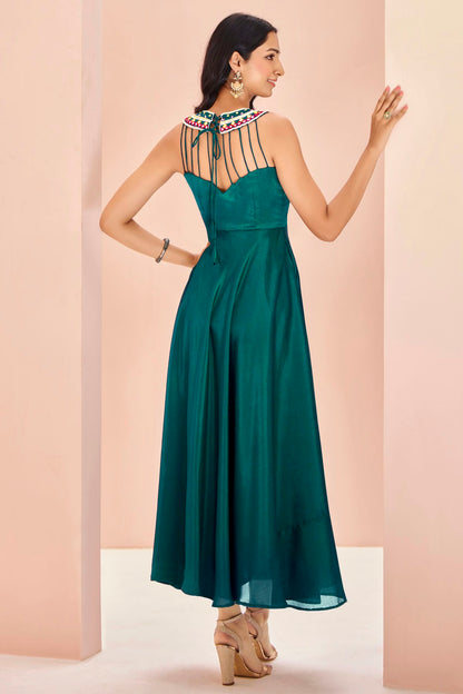 Teal Colour Chinon Indo Western Dress VSTP1080925