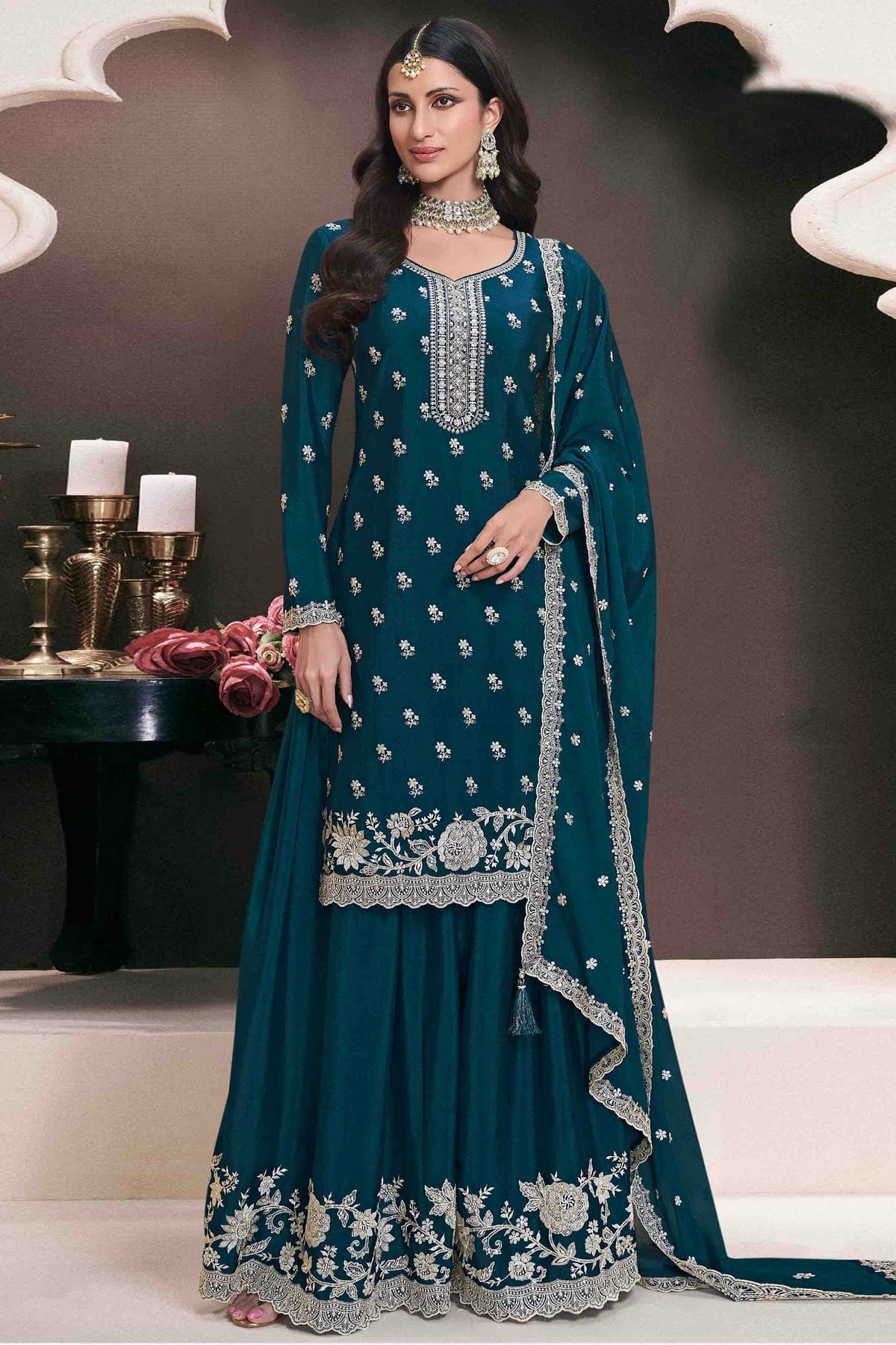 Teal Colour Chinon Palazzo Pant Suit VSSM1140924