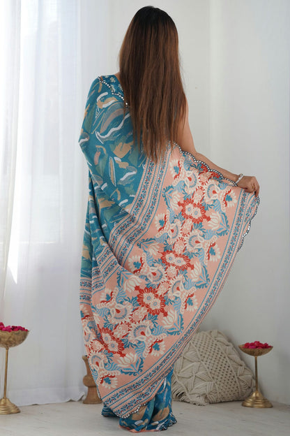 Teal Colour Chinon Printed Saree VSSD1112076