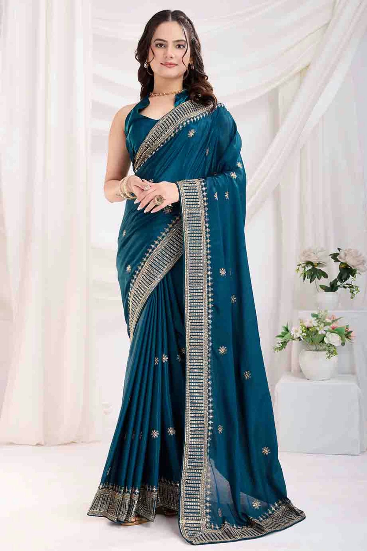 Teal Colour Chinon Silk Designer Saree VSSD1112871