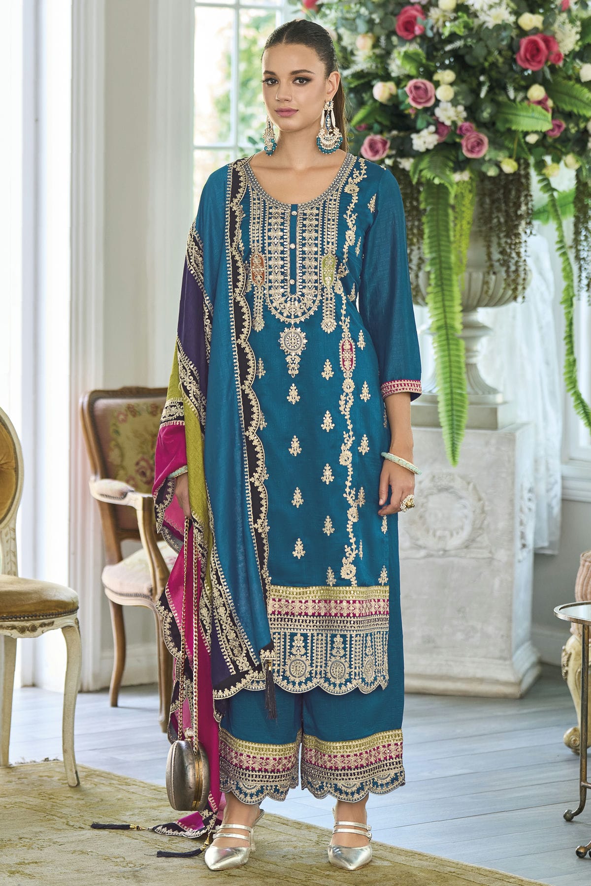 Teal Colour Chinon Silk Pakistani Suit