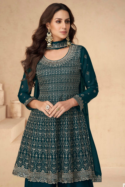 Teal Colour Chinon Silk Palazzo Pant Suit VSSM1140536