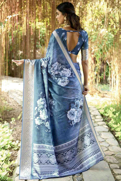 Teal Colour Cotton Silk Digital Floral Printed Saree VSSD1113762