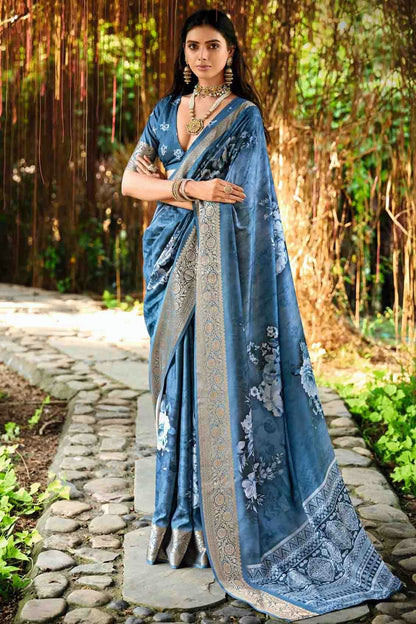 Teal Colour Cotton Silk Digital Floral Printed Saree VSSD1113762