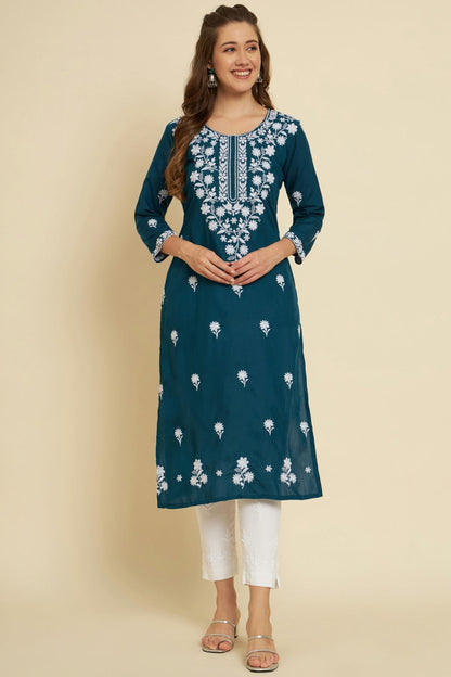 Teal Colour Cotton Slub Kurti