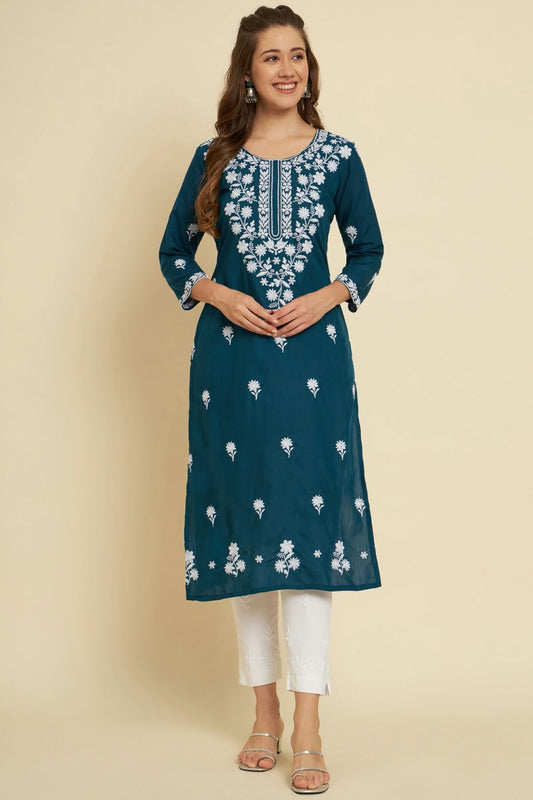 Teal Colour Cotton Slub Kurti