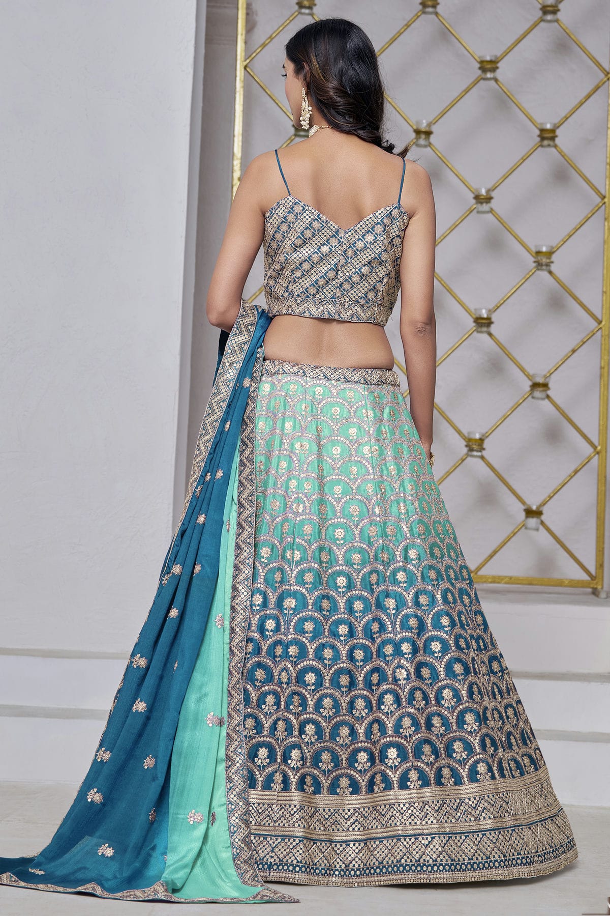 Teal Colour Embroidery Lehenga Choli In Chinon Fabric