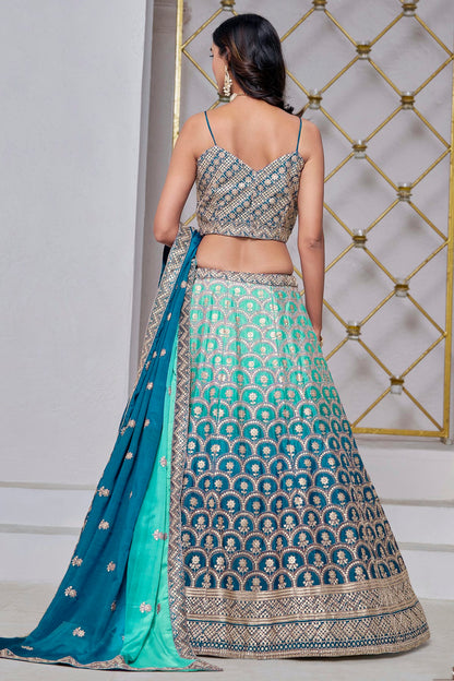 Teal Colour Embroidery Lehenga Choli In Chinon Fabric