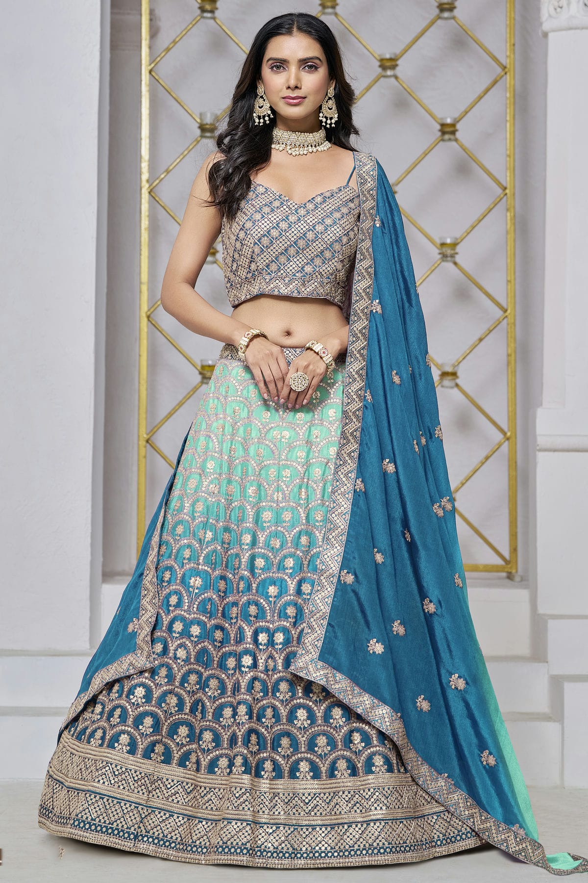 Teal Colour Embroidery Lehenga Choli In Chinon Fabric