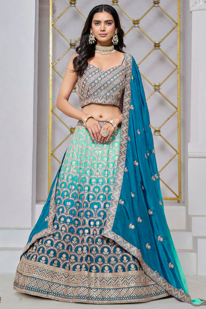 Teal Colour Embroidery Lehenga Choli In Chinon Fabric