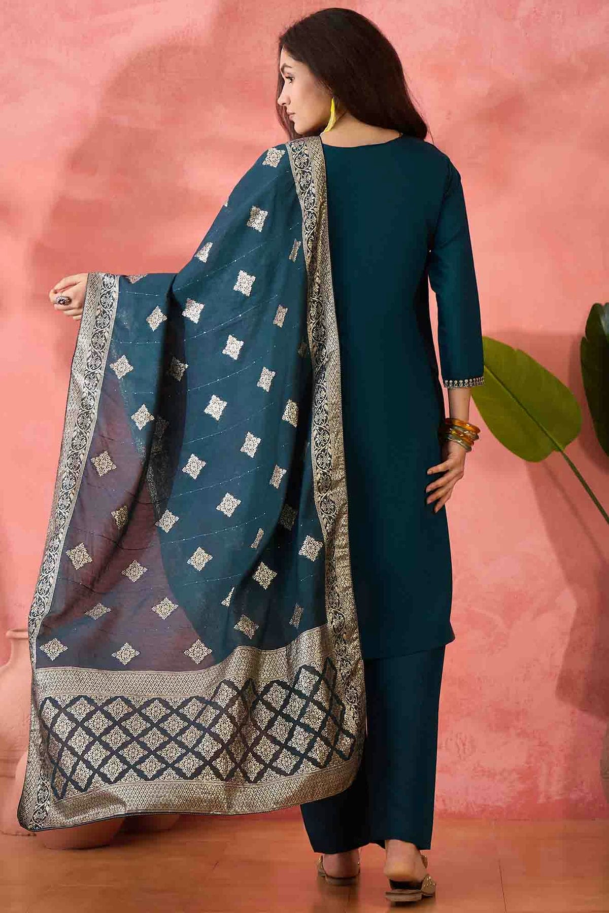Teal Colour Embroidery Roman Silk Pant Style Suit VSSS1113519