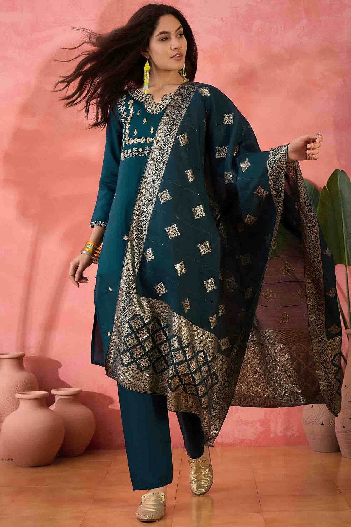 Teal Colour Embroidery Roman Silk Pant Style Suit VSSS1113519