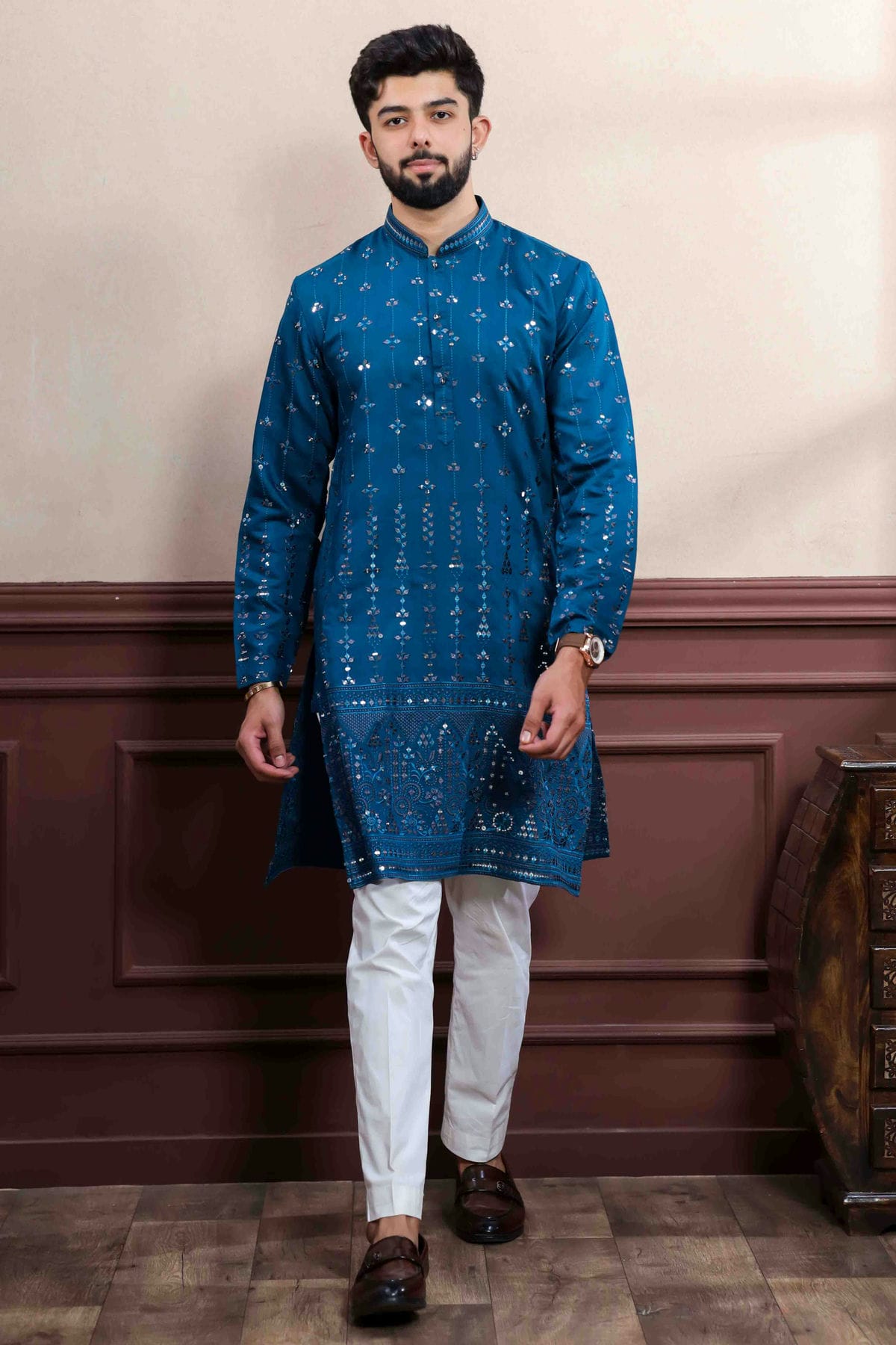 Teal Colour Embroidery Viscose Kurta Pajama VSKP1113413