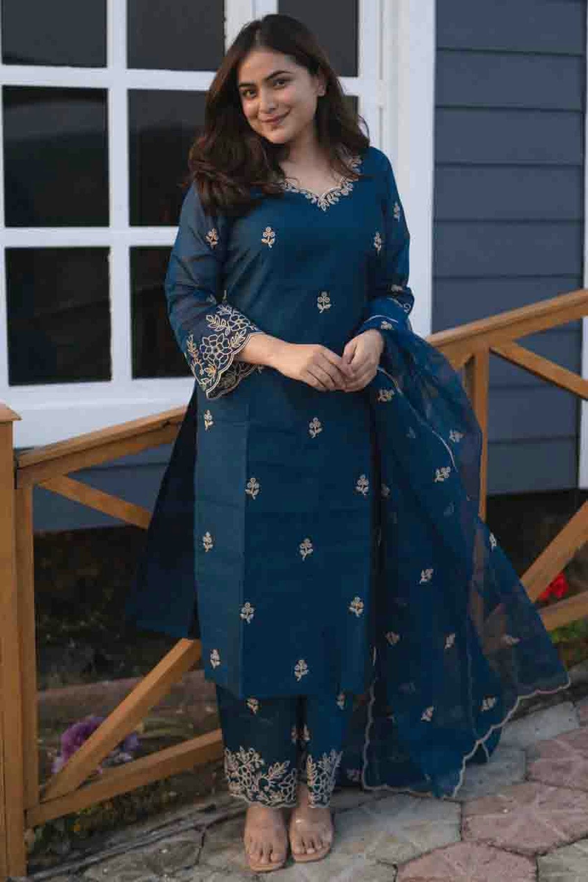 Teal Colour Embroidery Viscose Silk Pant Style Suit VSSS1113489