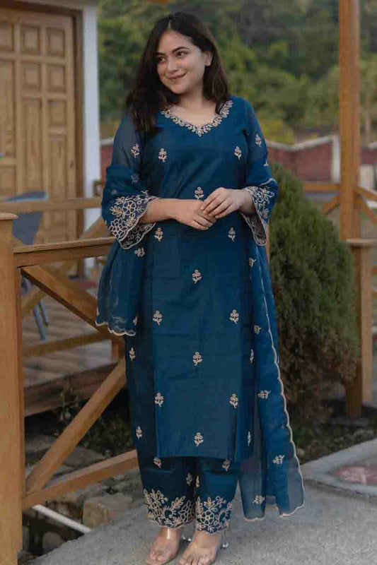 Teal Colour Embroidery Viscose Silk Pant Style Suit VSSS1113489