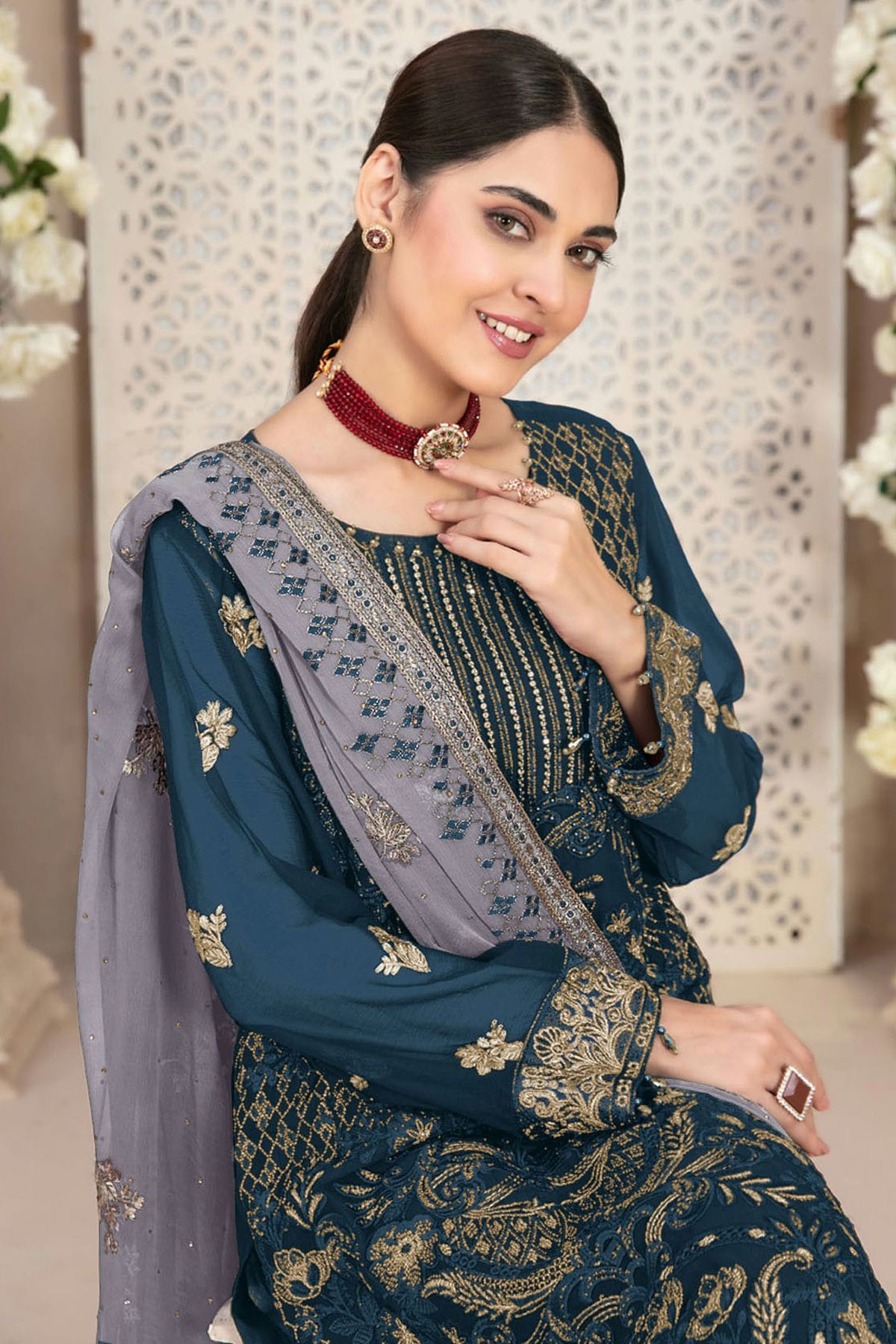 Teal Colour Faux Georgette Pakistani Suit VSSM1140051