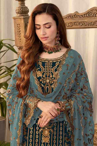 Teal Colour Faux Georgette Pakistani Suit VSSM1140880