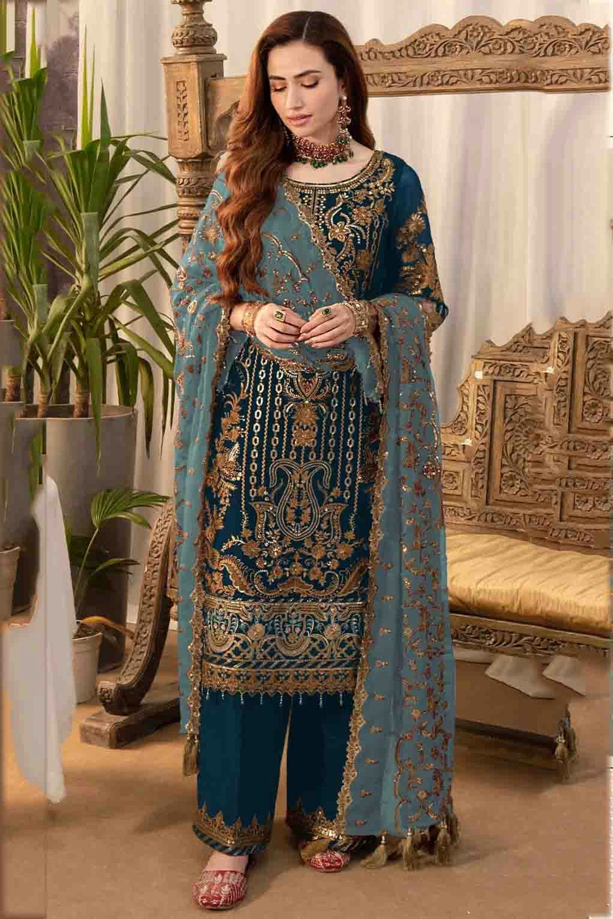 Teal Colour Faux Georgette Pakistani Suit VSSM1140880