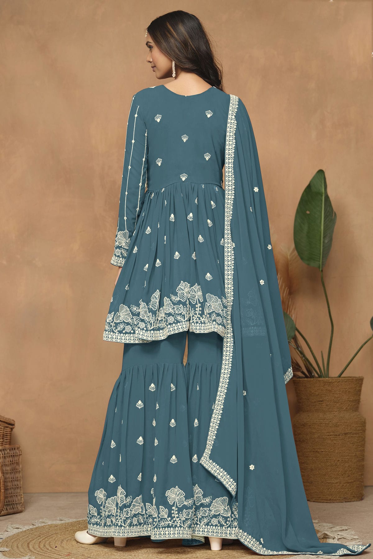 Teal Colour Faux Georgette Sharara Suit VSSM1050554