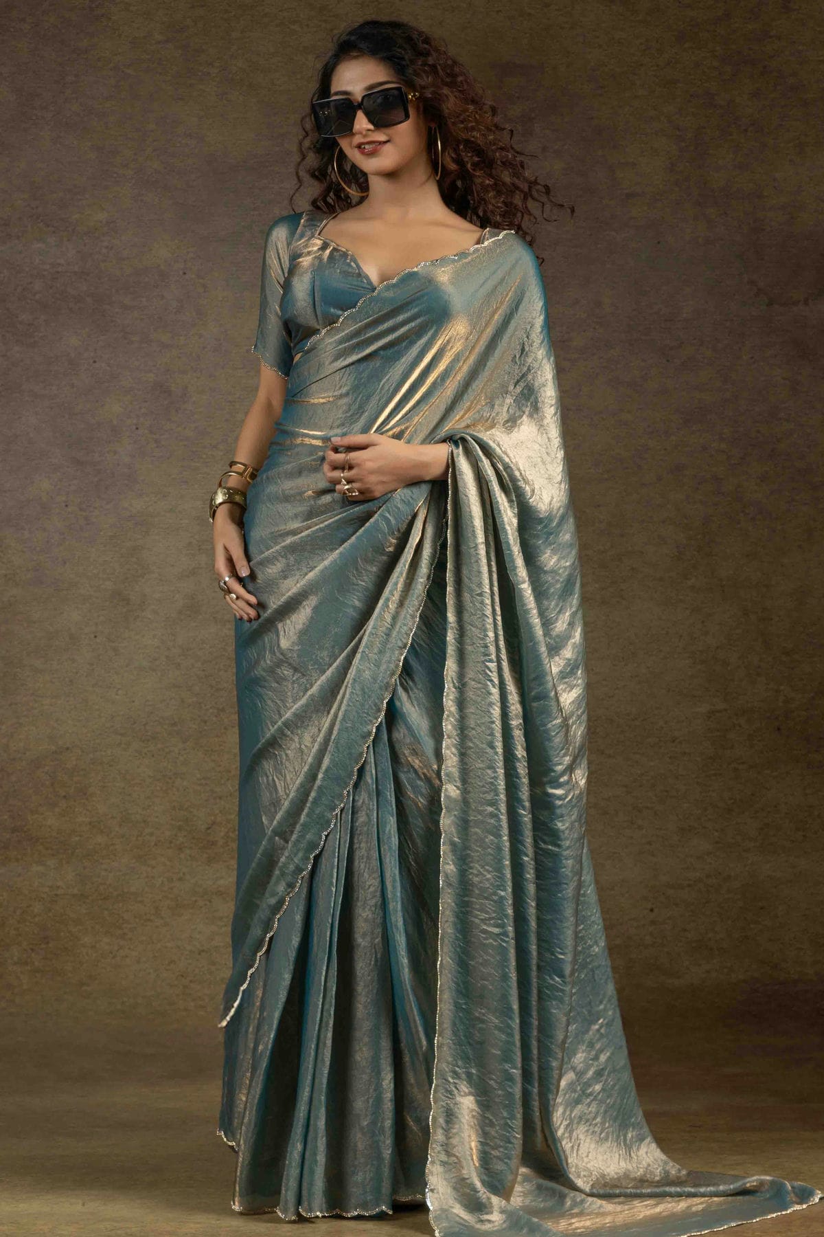 Teal Colour Fendi Satin Silk Ready To Wear Saree VSSD1122027