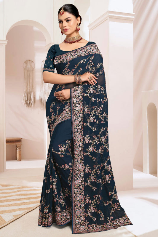 Teal Colour Georgette Designer Saree