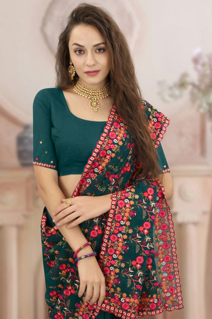 Teal Colour Georgette Designer Saree