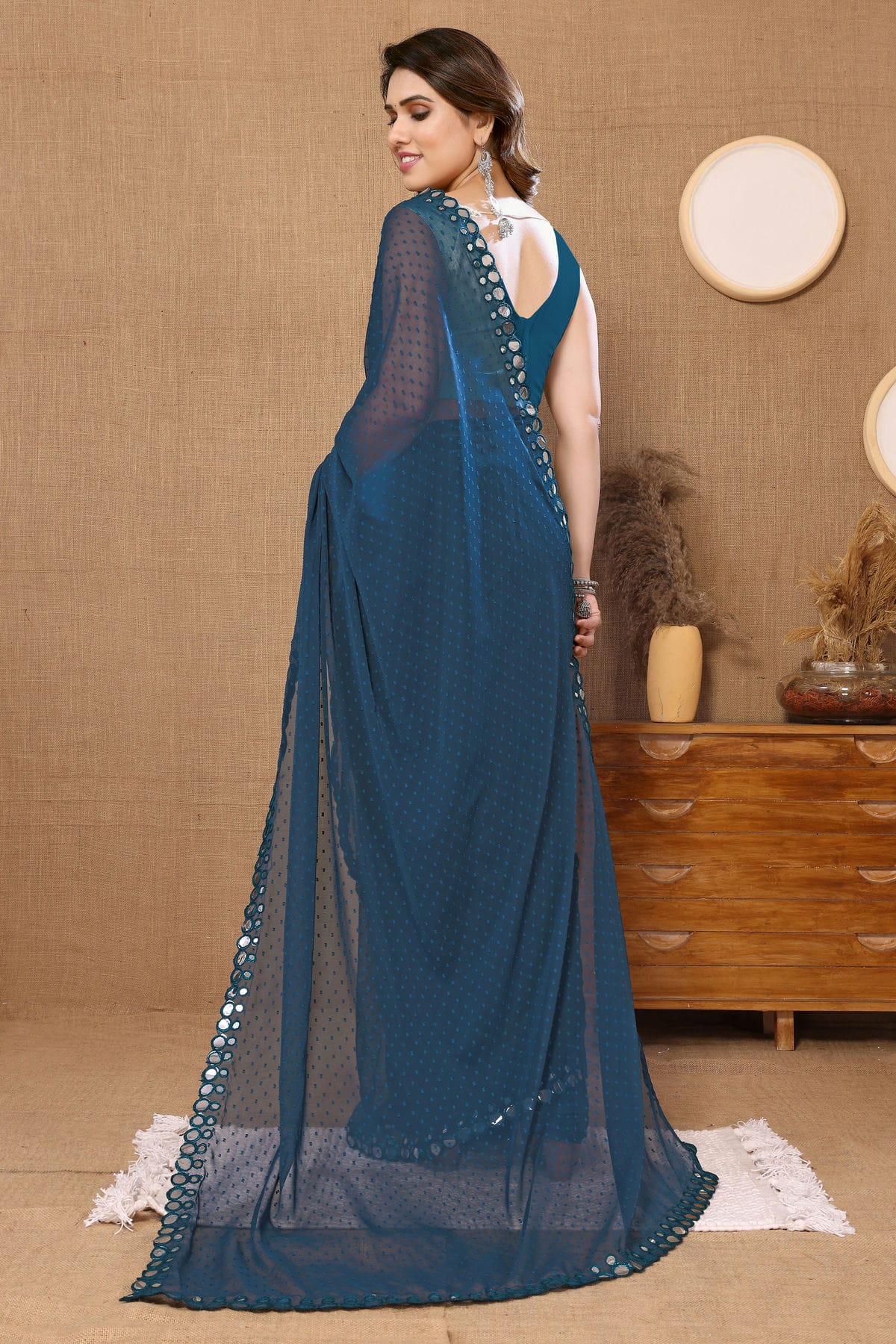 Teal Colour Georgette Mirror Work Saree VSSD1180087