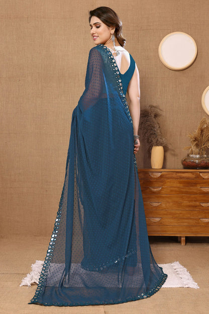 Teal Colour Georgette Mirror Work Saree VSSD1180087