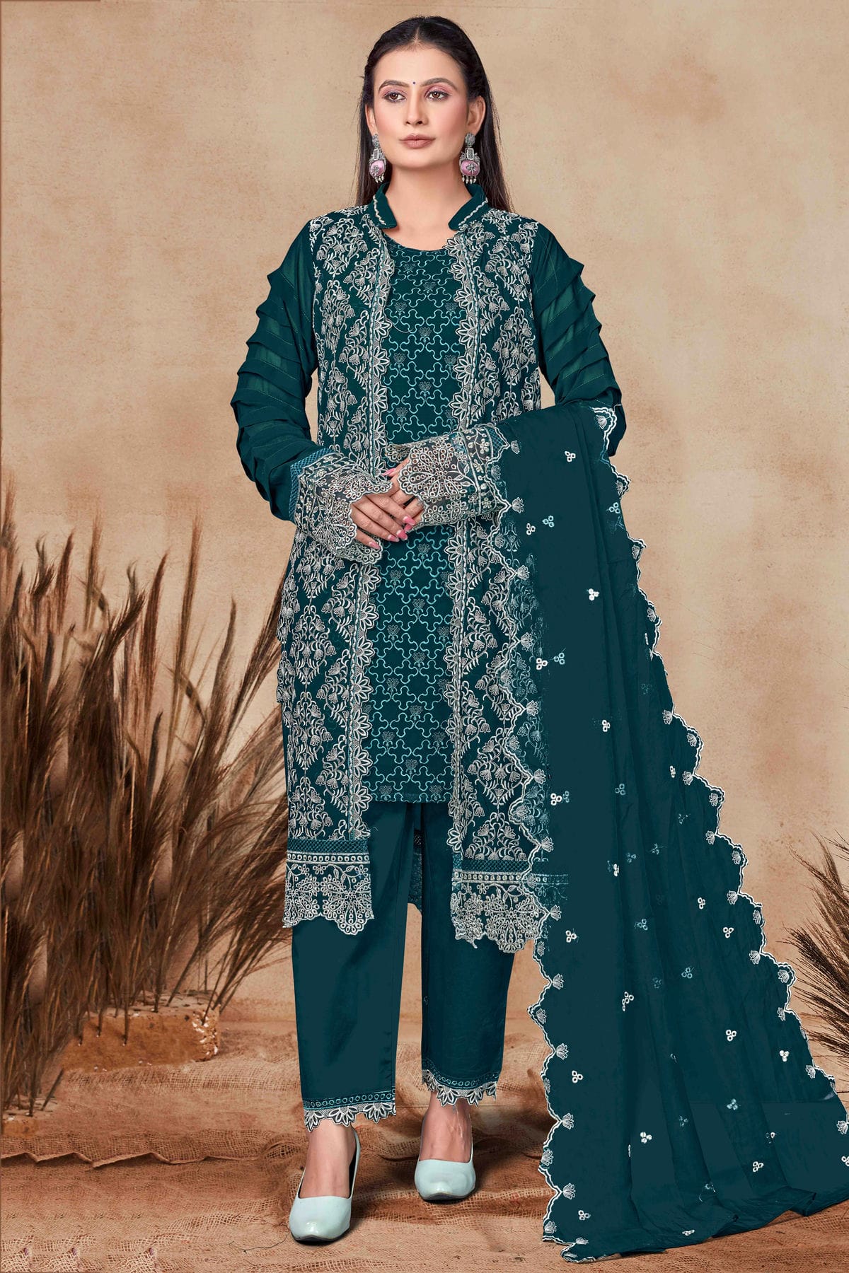 Teal Colour Georgette Pant Style Suit VSSM1140862