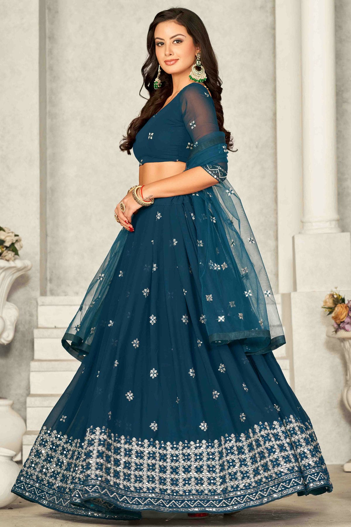 Teal Colour Georgette Semi Stitched Lehenga Choli VSLC1170071