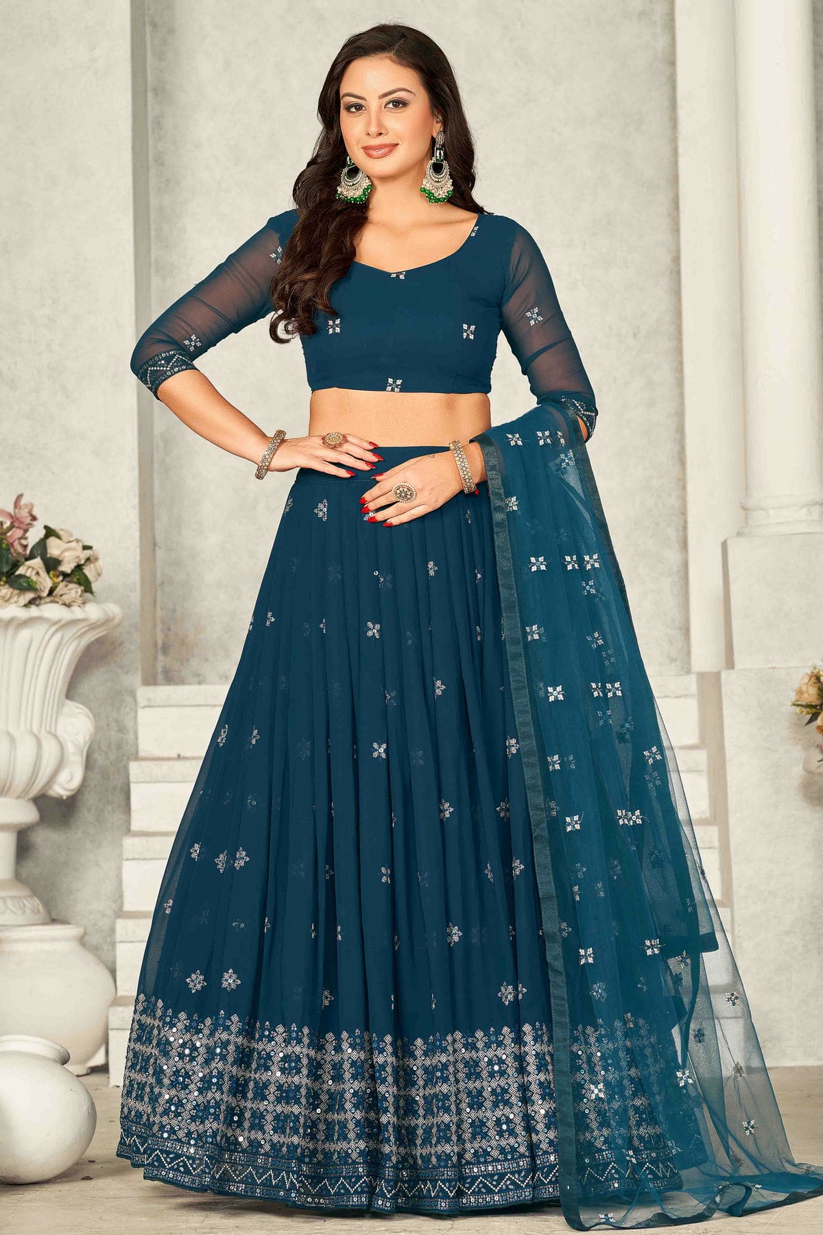 Teal Colour Georgette Semi Stitched Lehenga Choli VSLC1170071