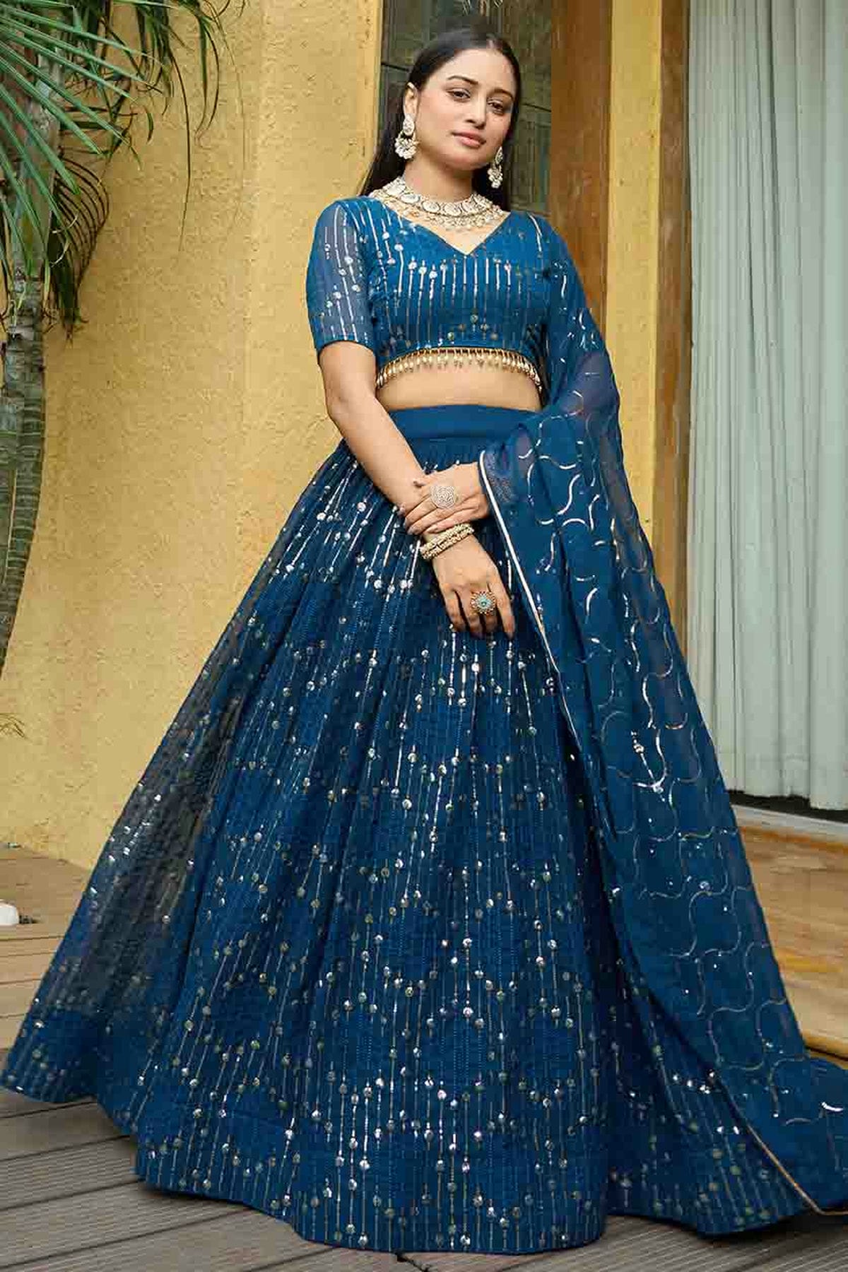 Teal Colour Georgette Semi Stitched Lehenga Choli VSLC1170085