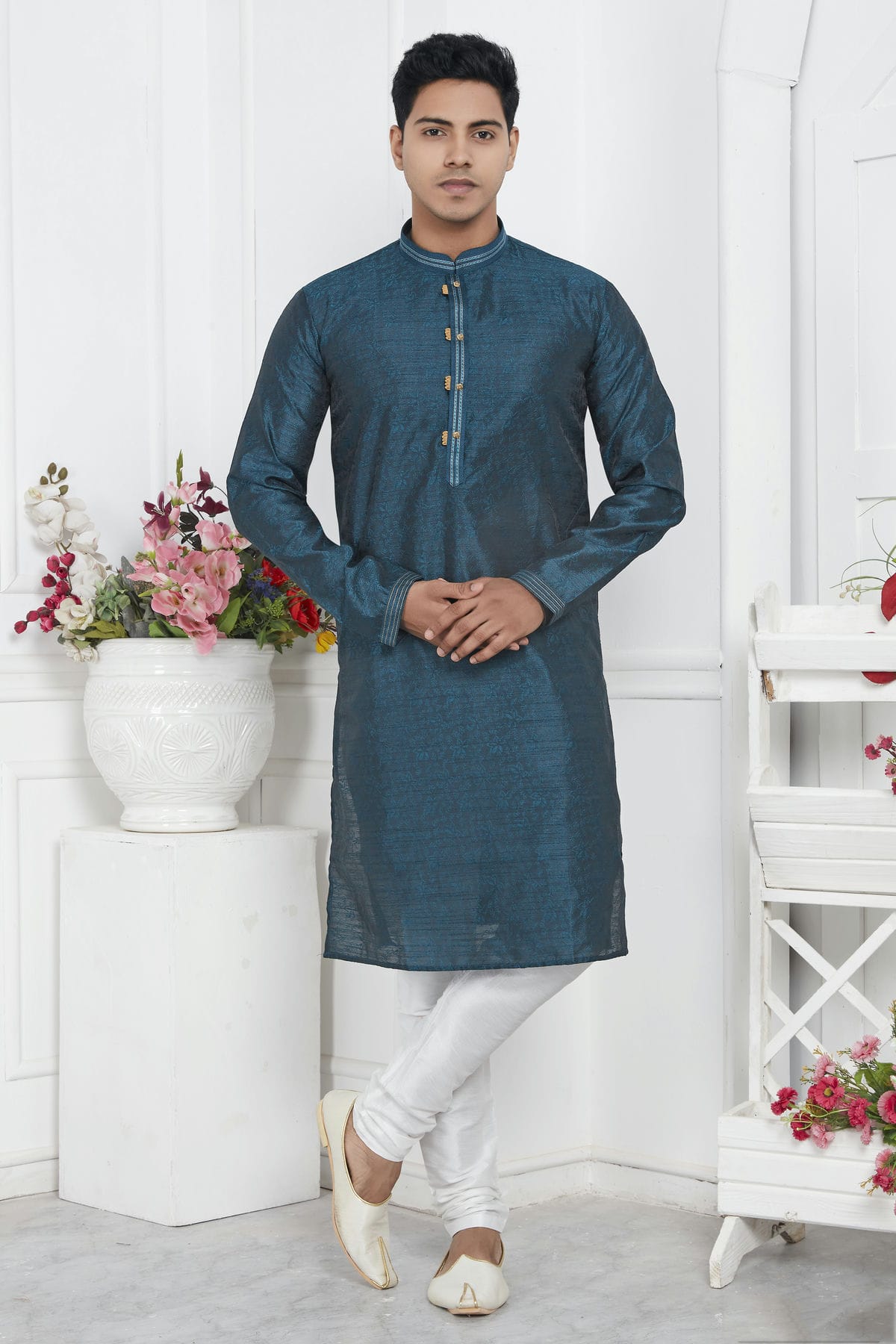 Teal Colour Jacquard Silk Brocade Kurta Pajama