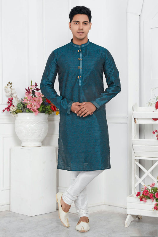 Teal Colour Jacquard Silk Brocade Kurta Pajama