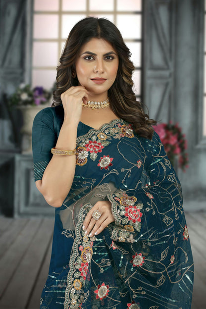 Teal Colour Net Designer Saree VSLC1121409