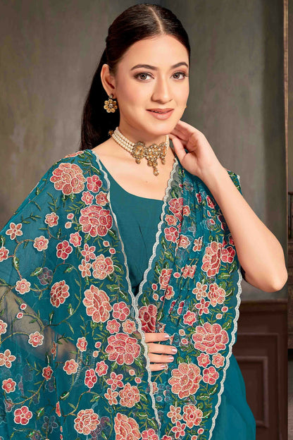Teal Colour Net Embroidery Work Designer Saree VSSD1091234