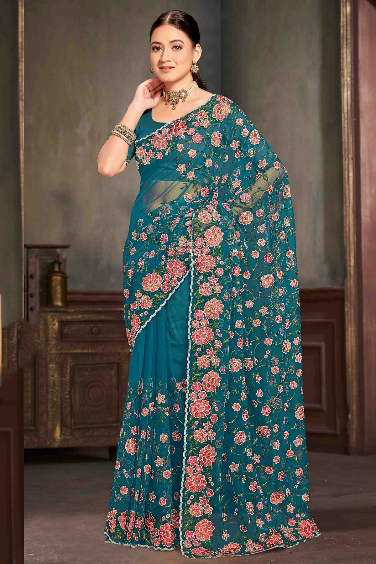 Teal Colour Net Embroidery Work Designer Saree VSSD1091234