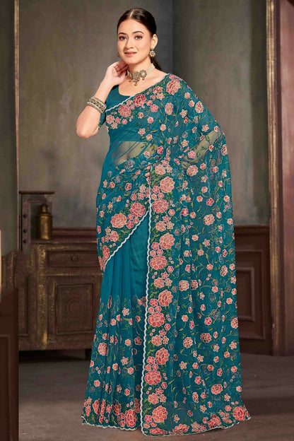Teal Colour Net Embroidery Work Designer Saree VSSD1091234