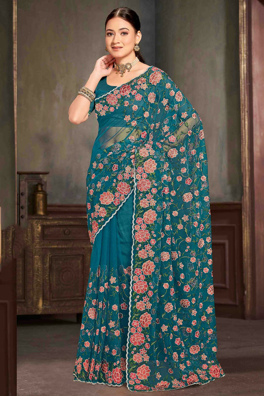 Teal Colour Net Embroidery Work Designer Saree VSSD1091234