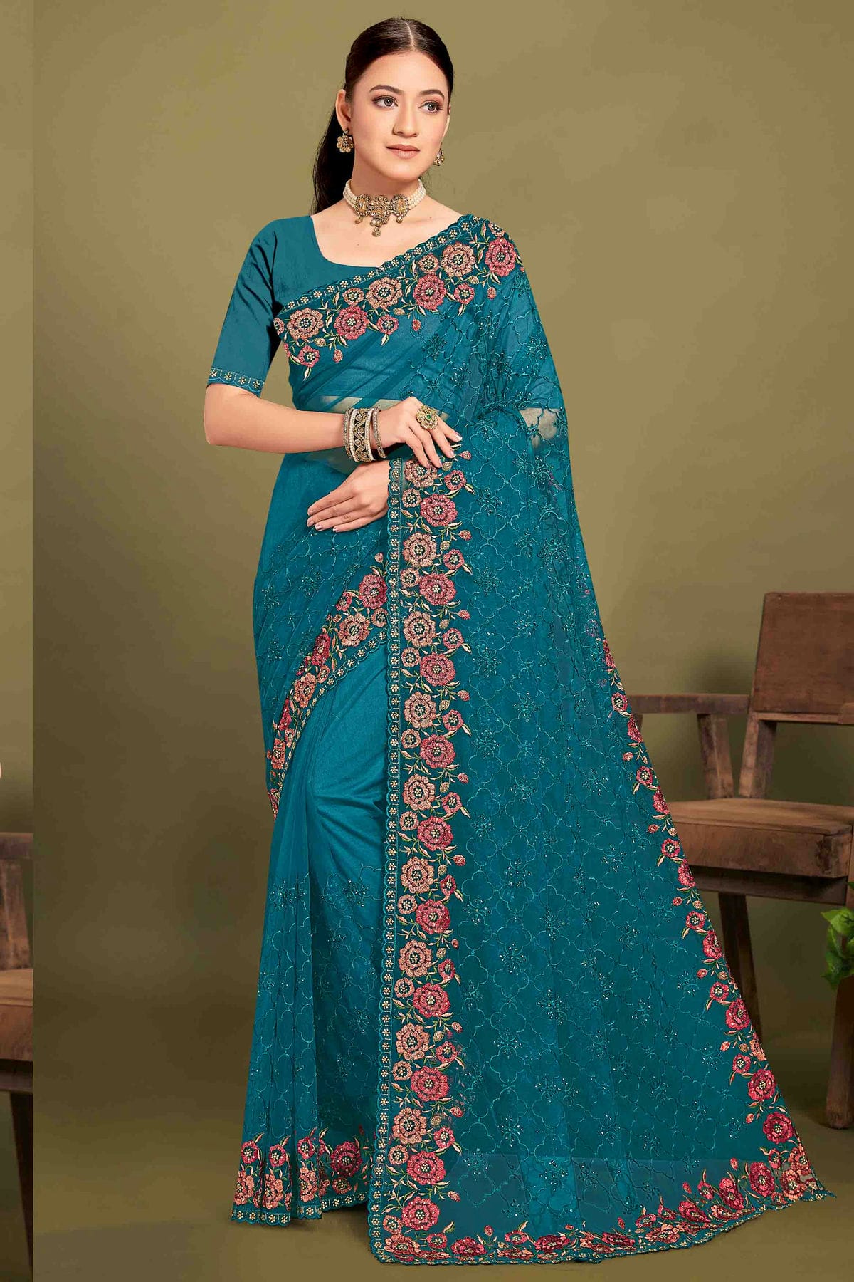 Teal Colour Net Embroidery Work Designer Saree VSSD1091239