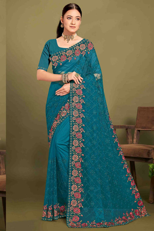 Teal Colour Net Embroidery Work Designer Saree VSSD1091239