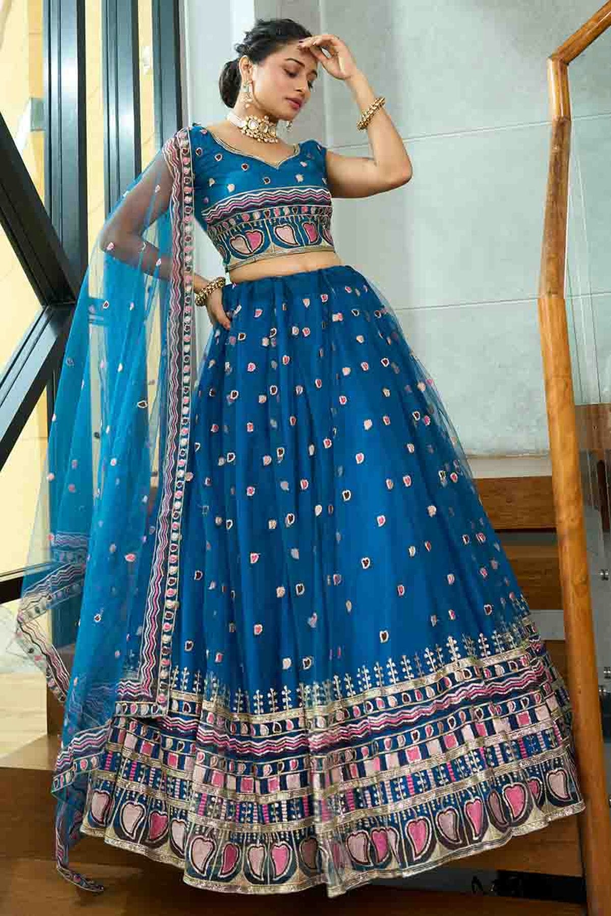 Teal Colour Net Semi Stitched Lehenga Choli VSLC1170093