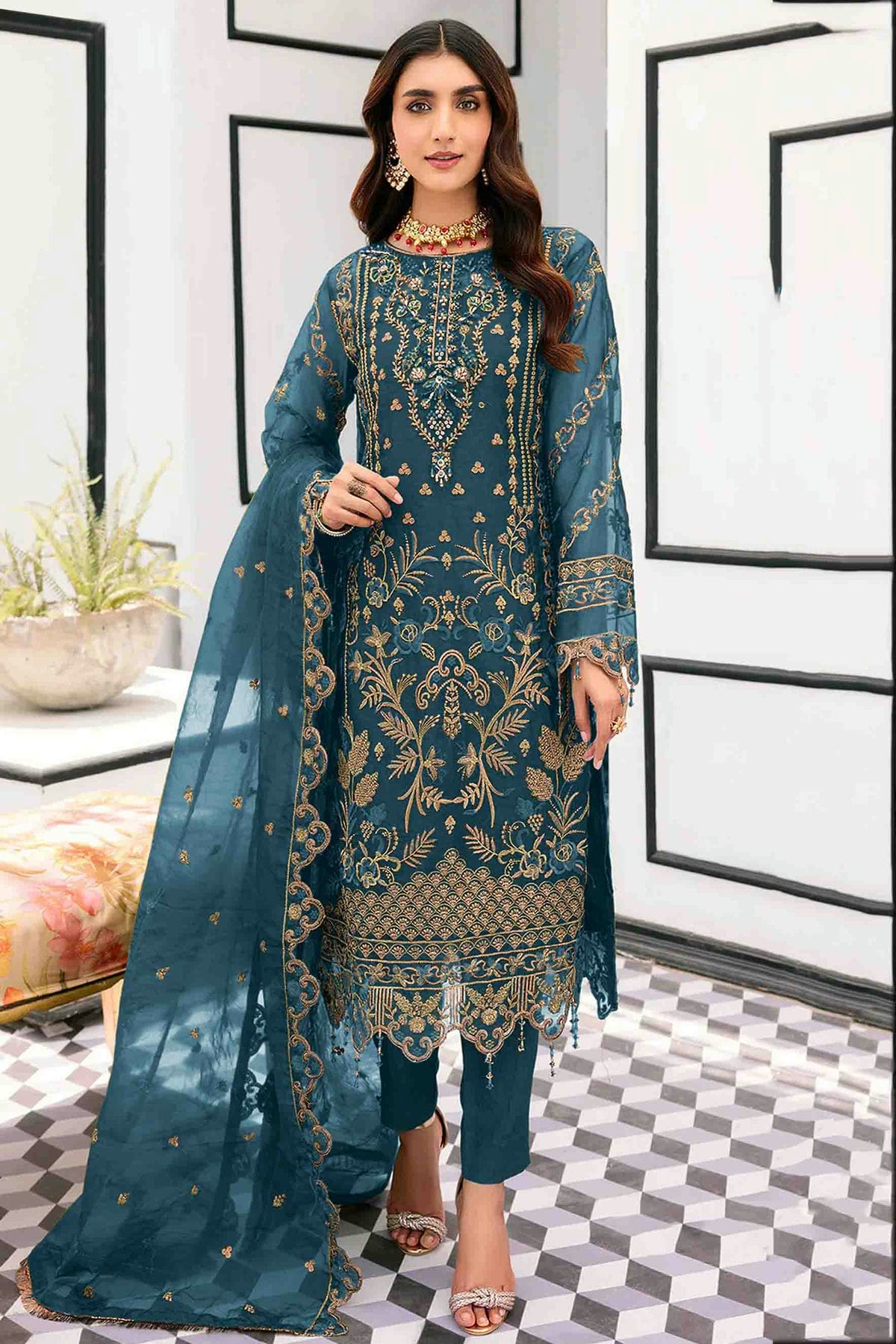 Teal Colour Organza Pakistani Suit VSSM1140853