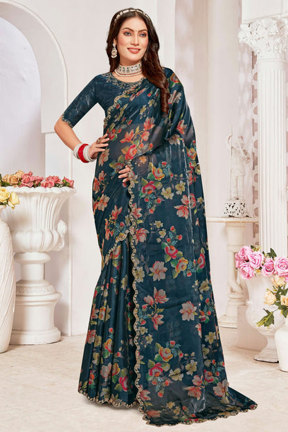 Teal Colour Organza Silk Designer Saree