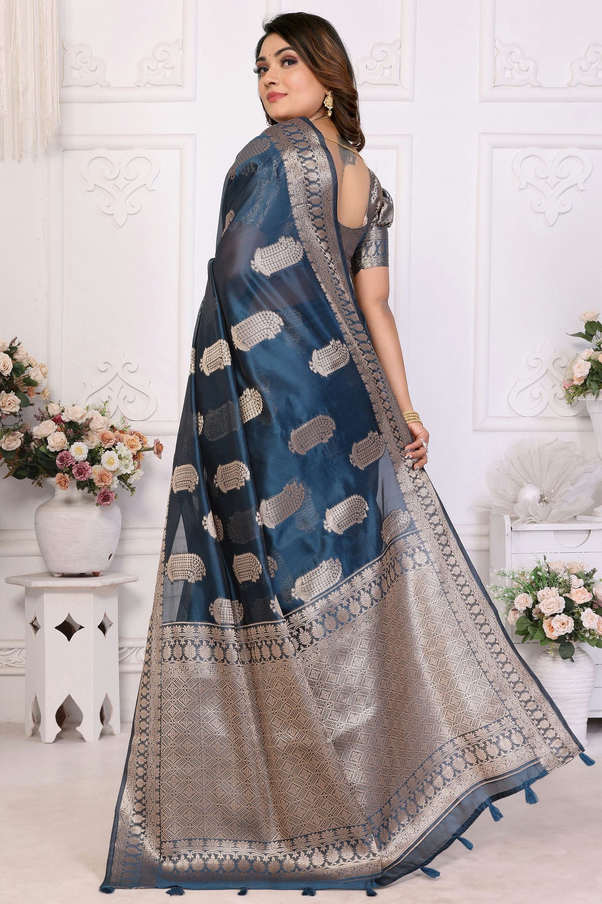 Teal Colour Organza Traditional Saree