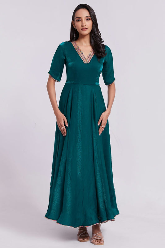 Teal Colour Pure Organza Indo Western Dress